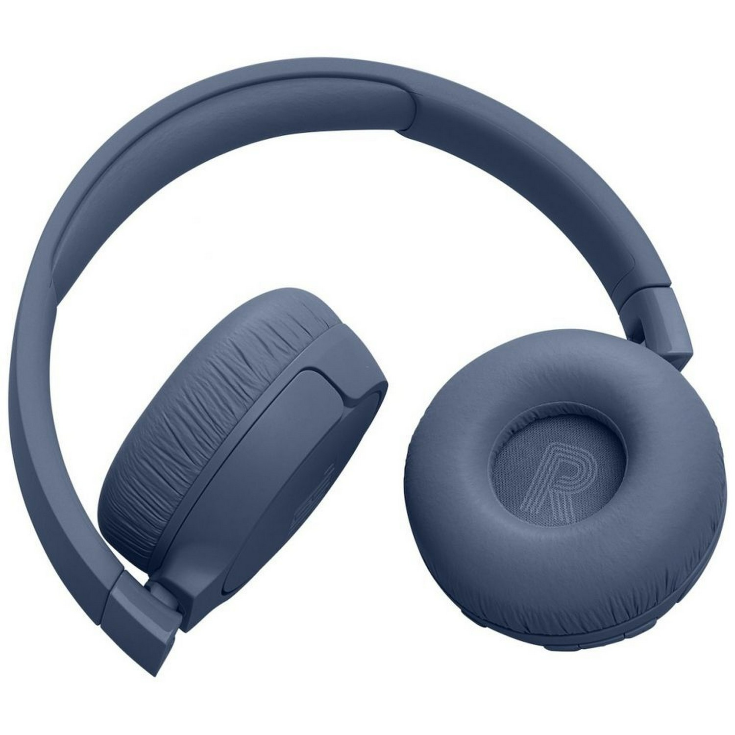 Casque bleu, les écouteurs sont visibles, avec la lettre R.