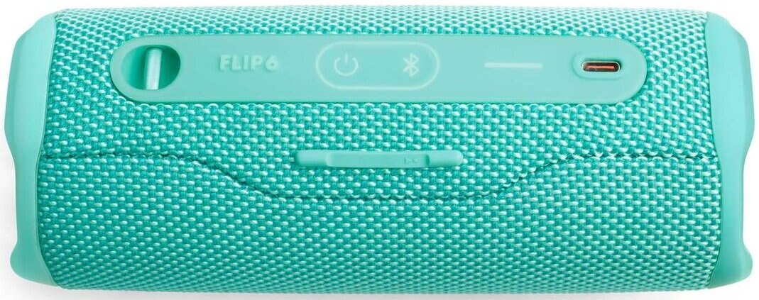Turkusowy głośnik z przyciskami. Zasilanie, Bluetooth, regulacja głośności i port USB-C.