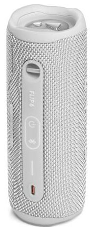 Biały głośnik JBL. Przyciski zasilania i Bluetooth. Białe tło.