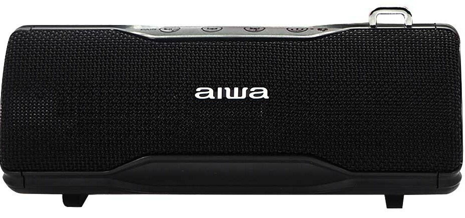 Czarny głośnik Bluetooth Aiwa z siatkowym przodem, przyciskami i uchwytem.