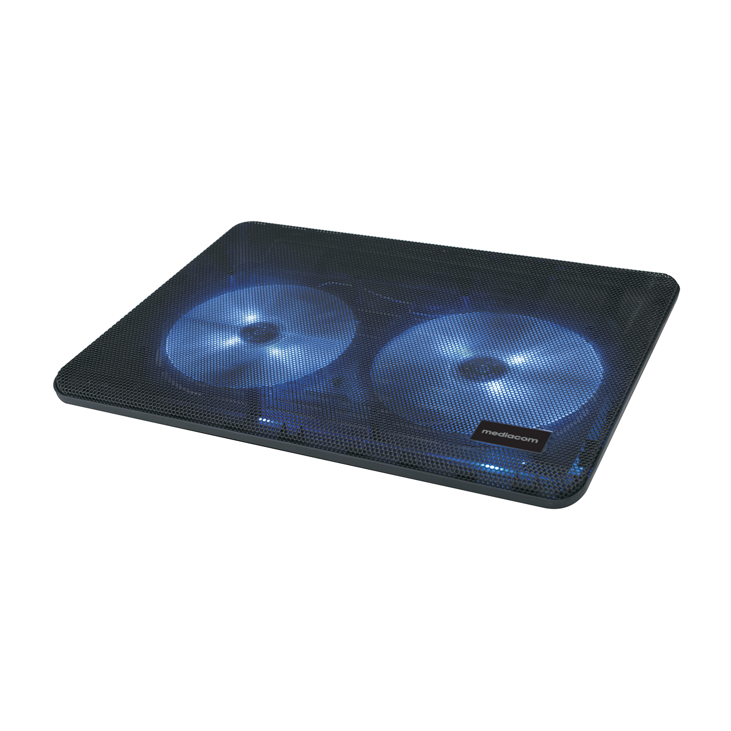 Tastierino di raffreddamento per laptop con luci blu da due ventole. Superficie a rete nera.