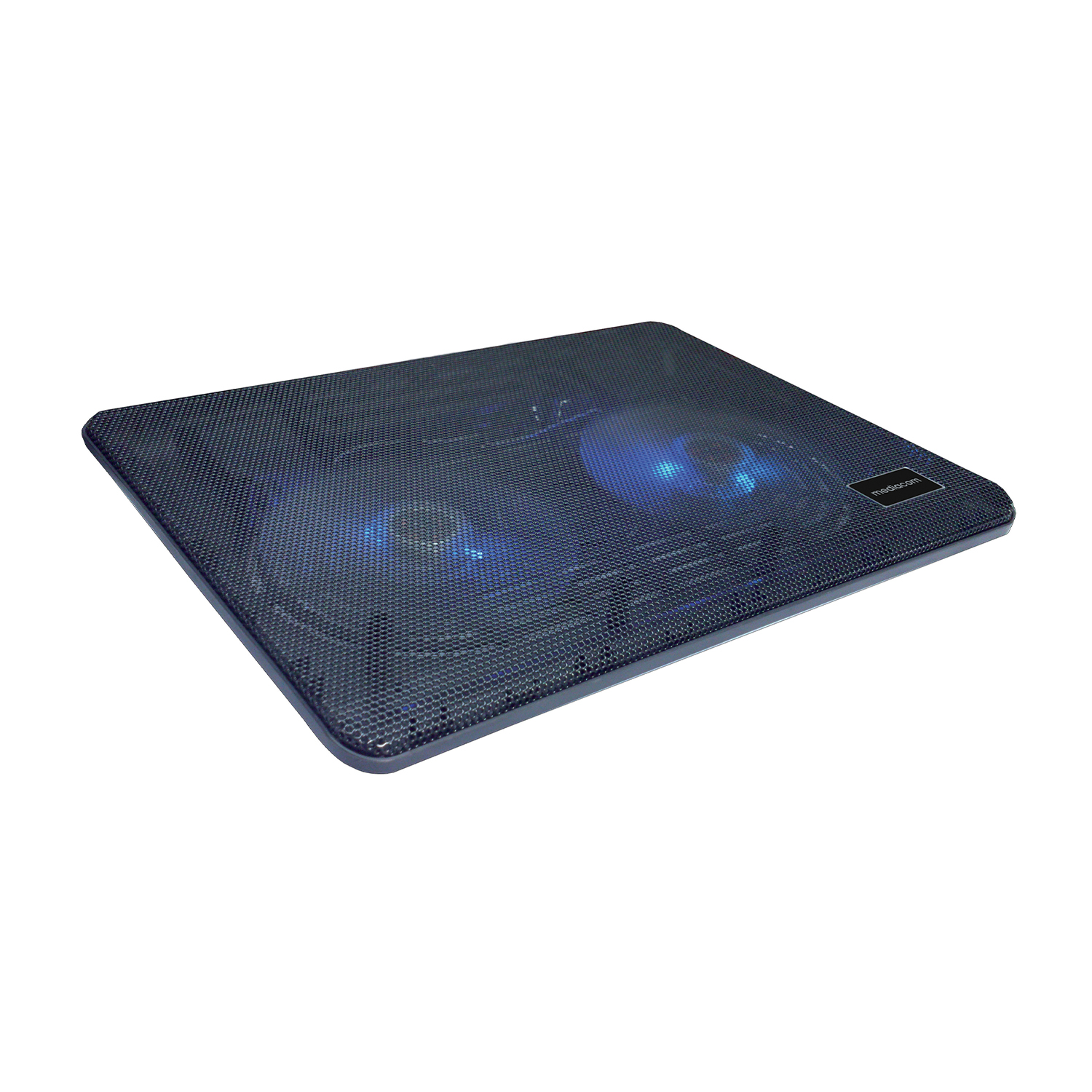 Tastiera di raffreddamento per laptop nera con due ventole e luci blu.