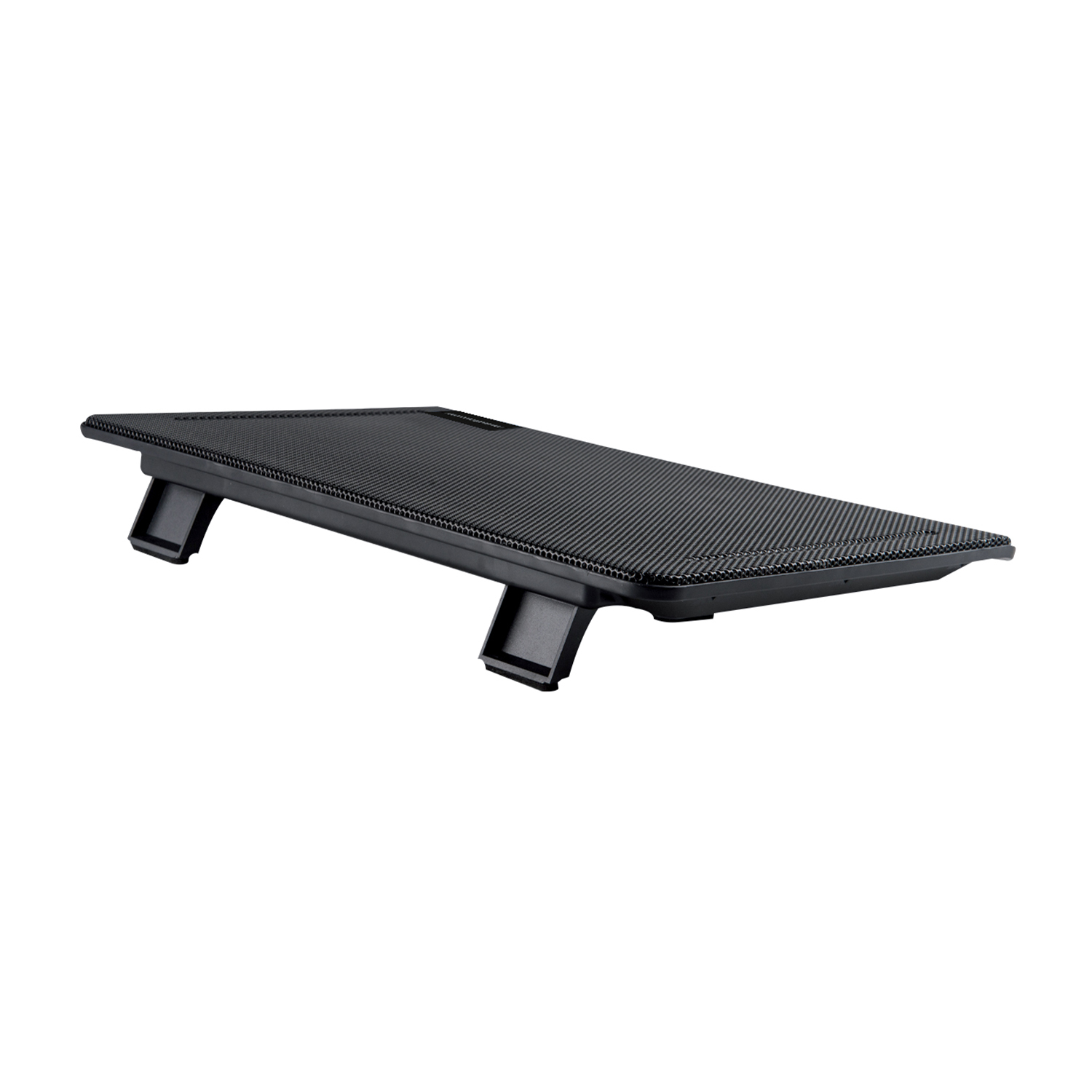 Supporto per laptop nero, design angolato con due gambe. Superficie nera strutturata.