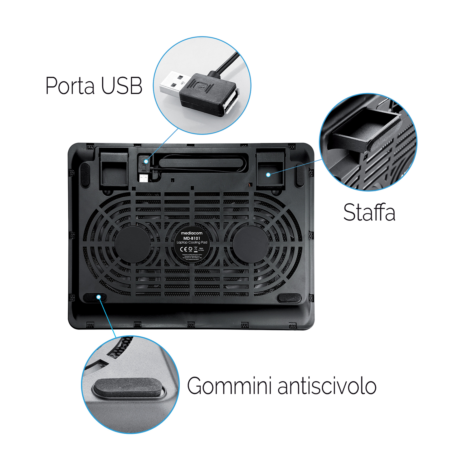 Un supporto di raffreddamento per laptop con USB e supporto, testo italiano.