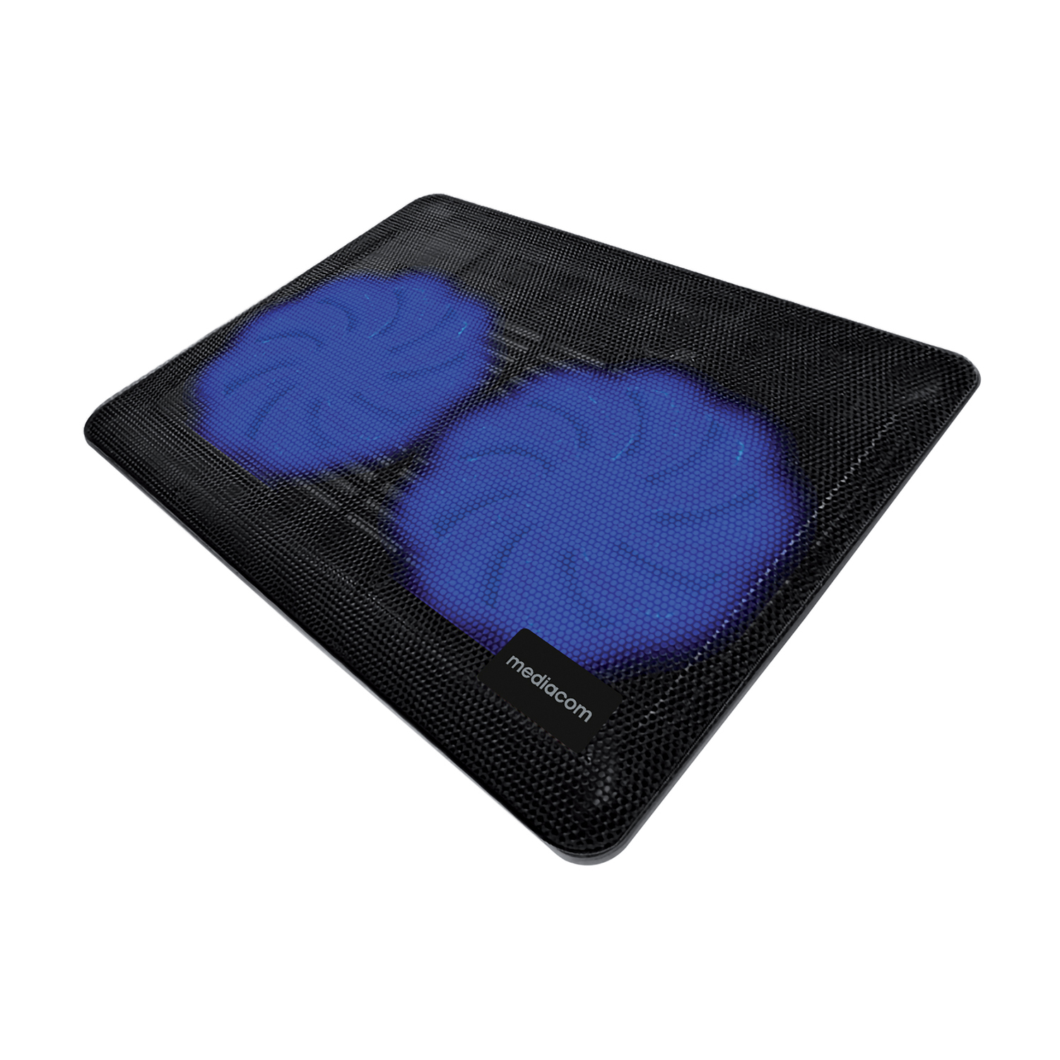 Tappetino di raffreddamento per laptop con ventole illuminate di blu. Superficie in rete nera con logo media.com.