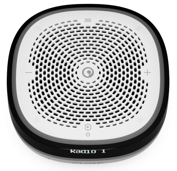 Biało-czarny głośnik z okrągłą siatką i logo pośrodku.