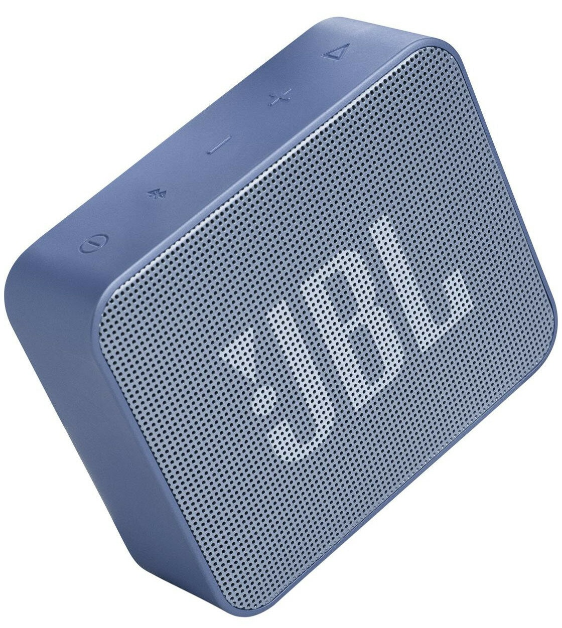 Niebieski głośnik JBL z białym logo JBL. Głośnik ma perforowaną metalową kratkę.