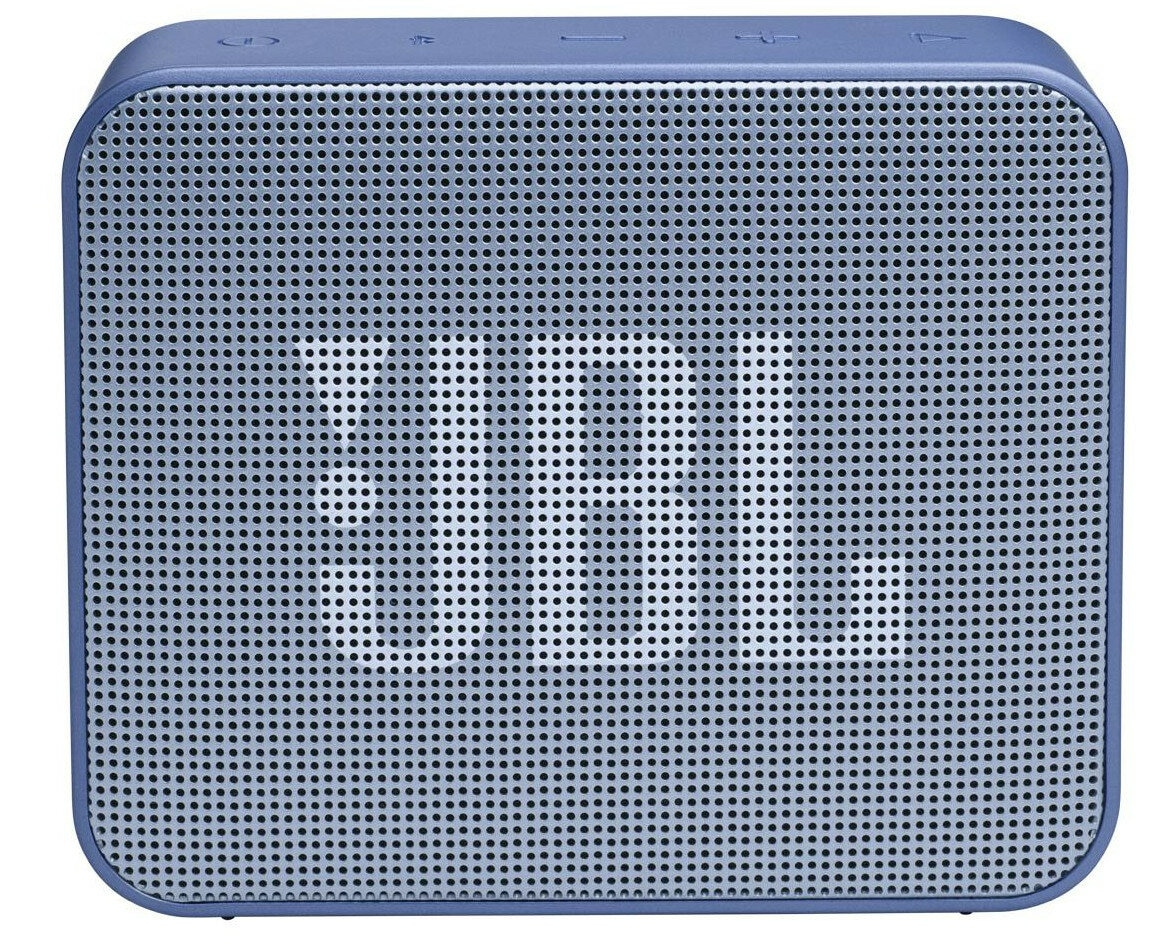 Niebieski głośnik z siatkowym przodem. Logo JBL jest białe.