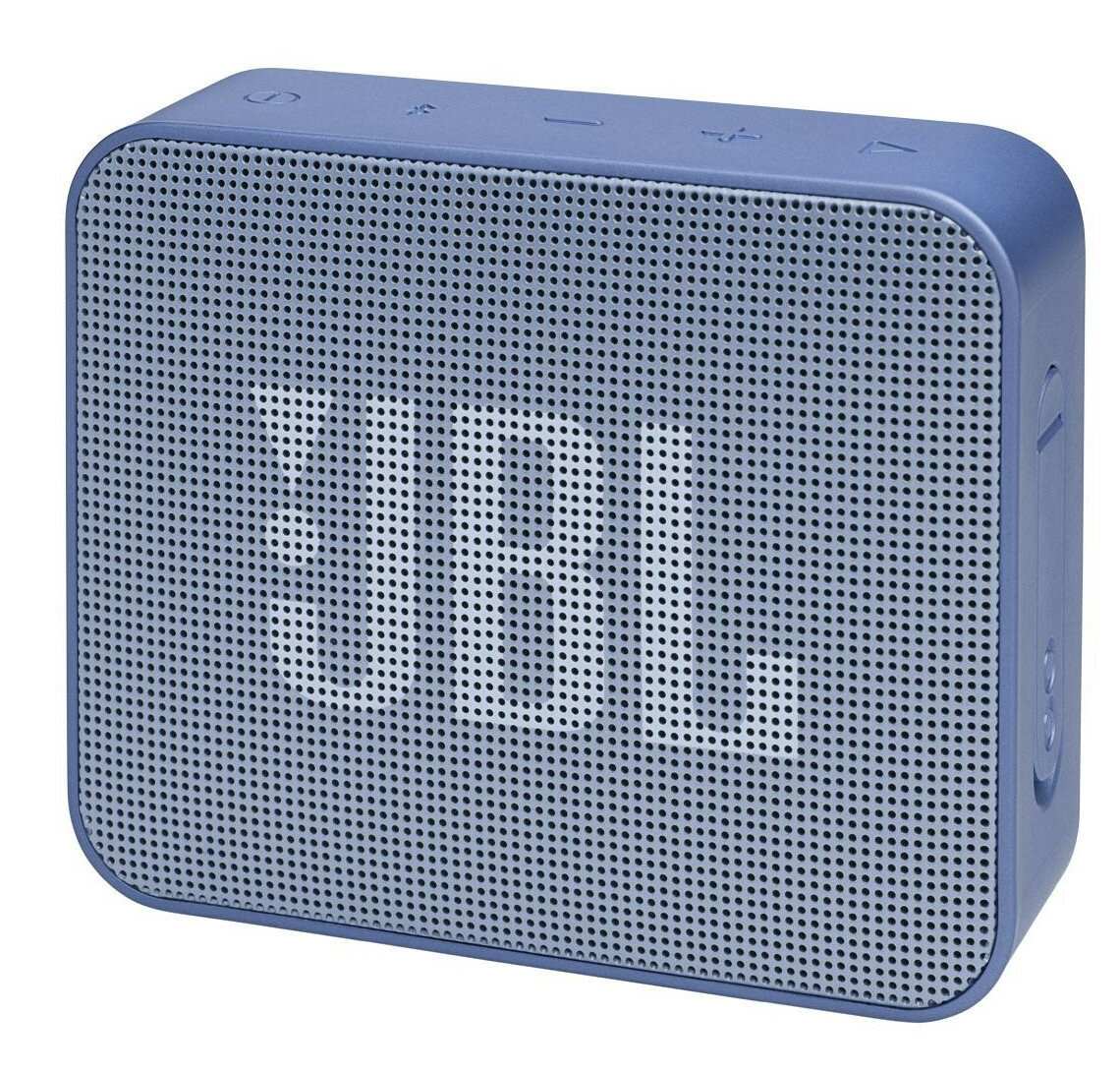 Niebieski głośnik JBL z siatkowym przodem i logo JBL.