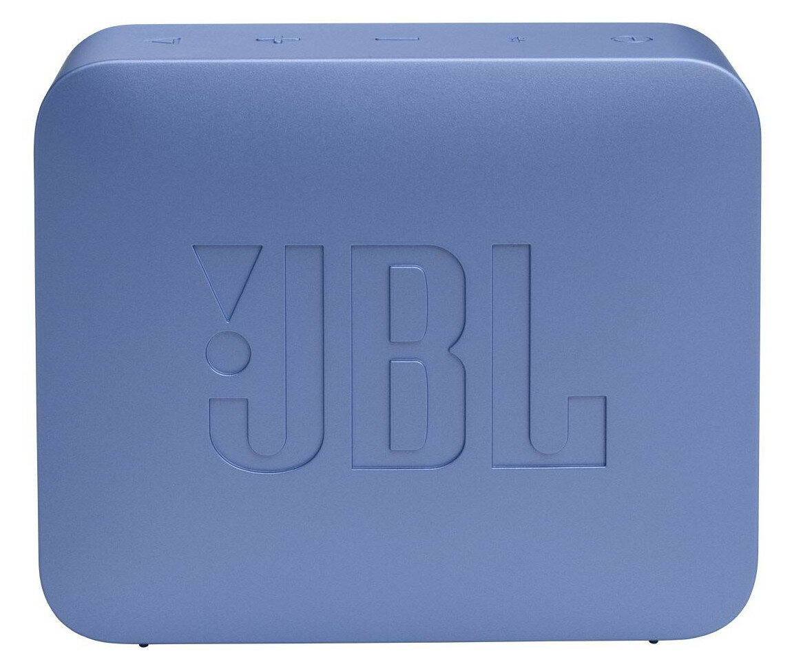 Niebieski głośnik JBL. Logo JBL jest wytłoczone z przodu.