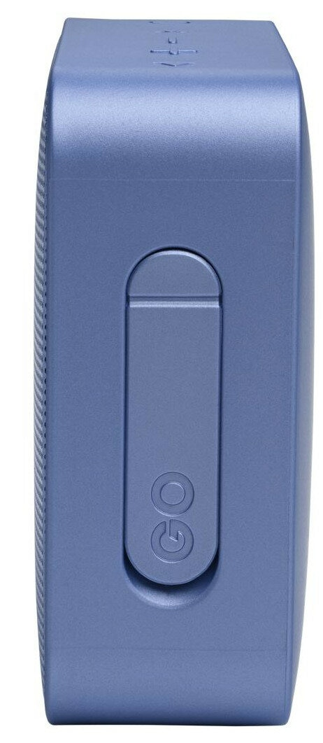 Niebieski prostokątny głośnik z bocznym panelem sterowania i napisem 'GO'.