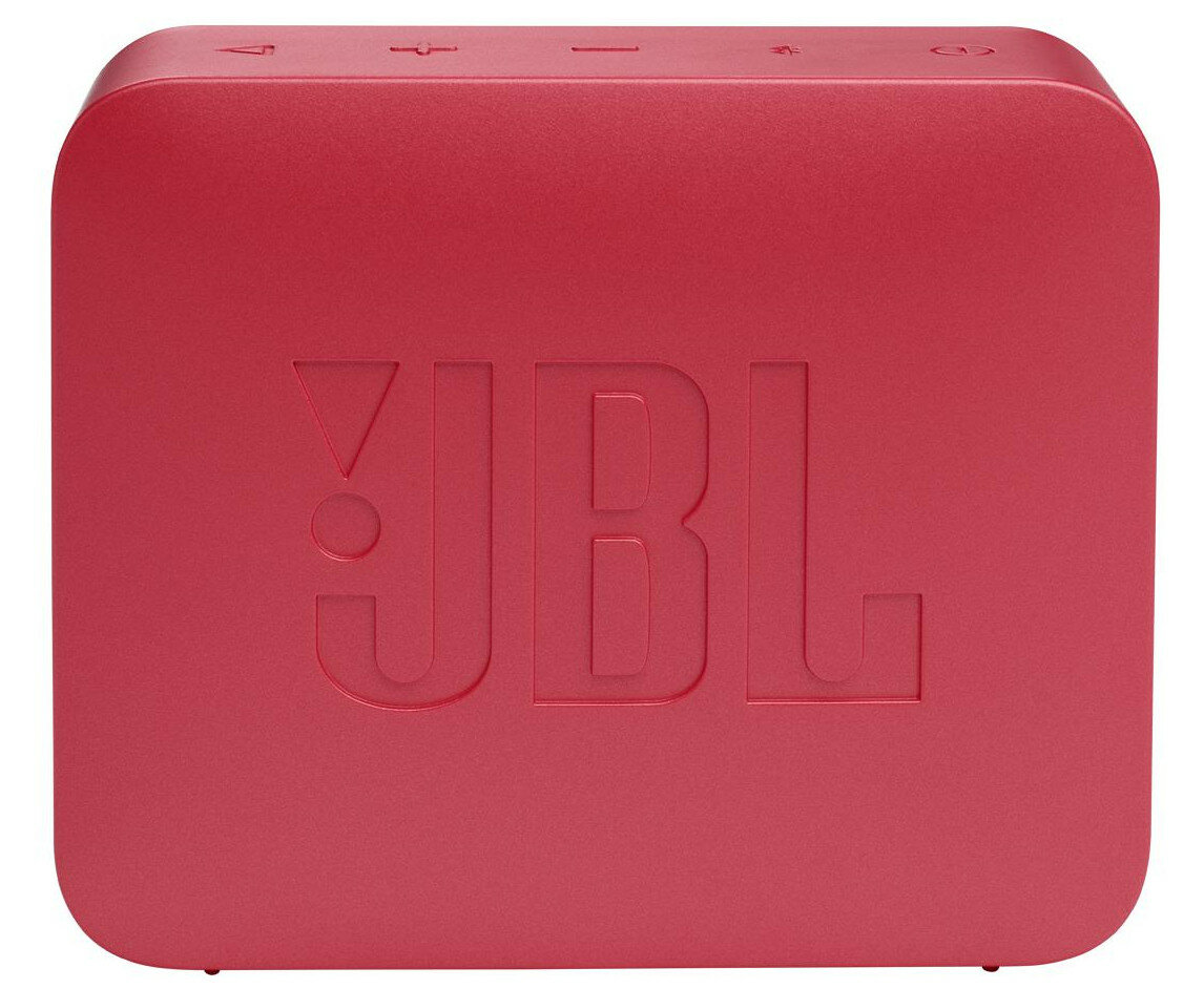 Czerwony głośnik JBL z wytłoczonym logo JBL, przyciskami sterowania na górze, na białym tle.