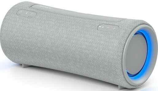 Szary głośnik przenośny z przyciskami, niebieskim światłem i logo Sony.