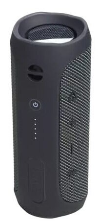 Czarny, cylindryczny głośnik z przyciskami zasilania i regulacji głośności.