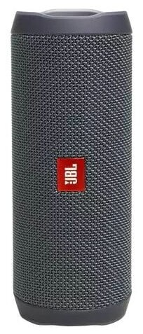 Szary głośnik JBL z czerwonym logo. Głośnik jest cylindryczny i ma siatkową osłonę.