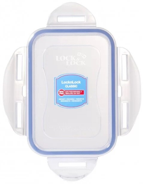 Przezroczysty pojemnik Lock&Lock z niebieską gumową uszczelką i etykietą.