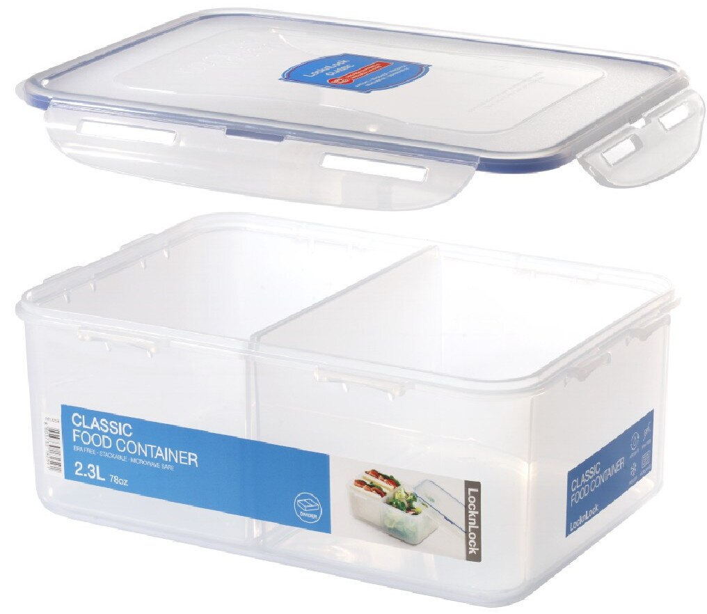 Przezroczysty prostokątny pojemnik na żywność. Ma niebieską pokrywę i przegrodę na dwie komory.