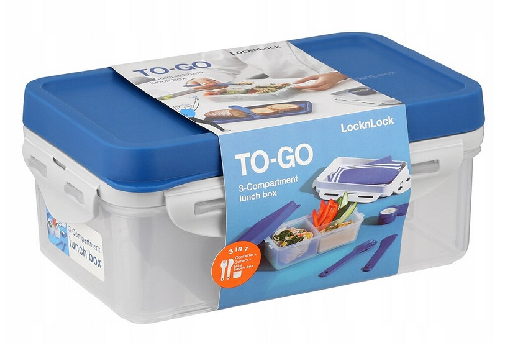 Pudełko na lunch z niebieską pokrywką i etykietą TO-GO. Zawiera przegródki i sztućce.