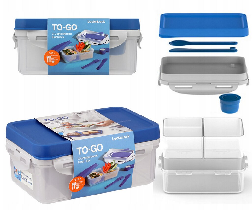 Pudełko na lunch LocknLock TO-GO z niebieską pokrywką i przegródkami. Zawiera sztućce i jest zdemontowane, pokazując zawartość.