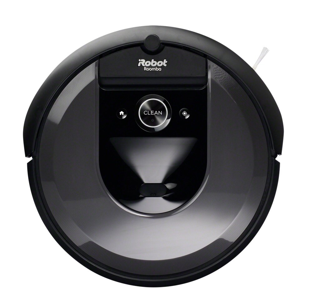 Czarny odkurzacz iRobot Roomba, okrągły, z przyciskiem clean i białym tłem.