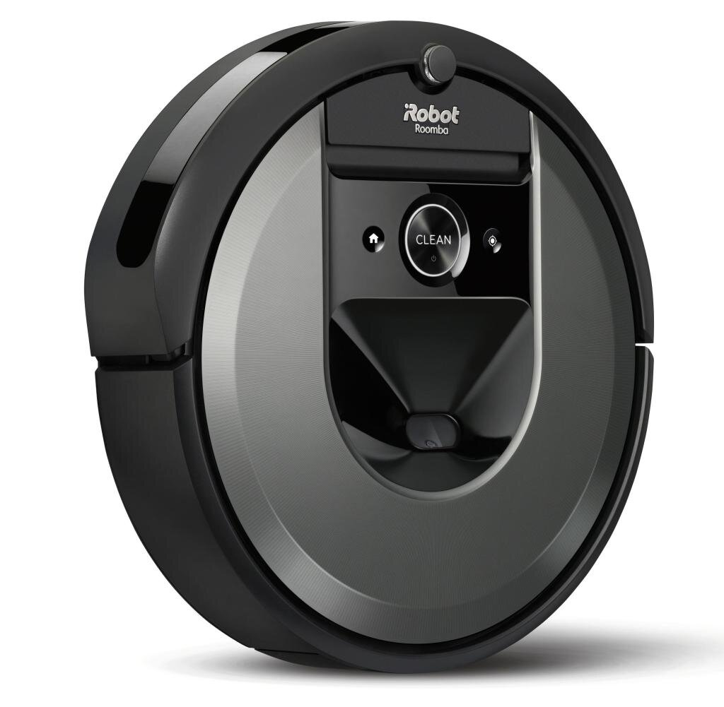 Czarny robot sprzątający Roomba. Posiada przycisk czyszczenia i górną kamerę.