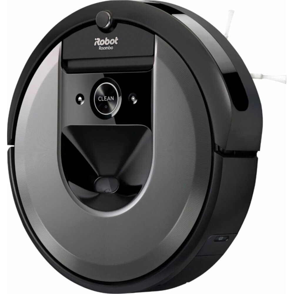 Czarny odkurzacz robot Roomba. Posiada centralny przycisk czyszczenia i duży czujnik z przodu.