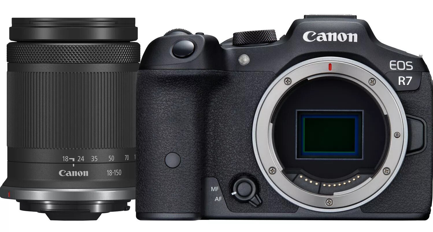 Czarny aparat Canon z dołączonym obiektywem. Obiektyw jest czarny z napisem Canon 18-150.