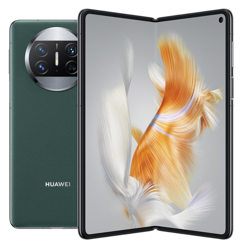 Składany zielony telefon, częściowo otwarty. Ekran wyświetla kolorowy, abstrakcyjny wzór.