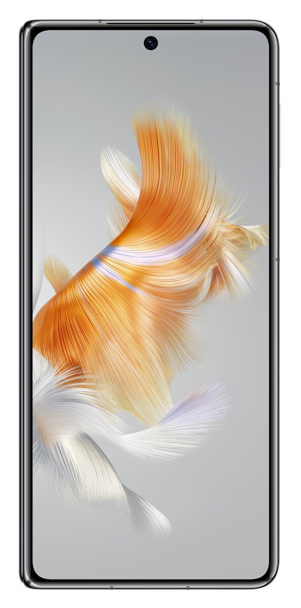 Ekran smartfona wyświetla abstrakcyjną sztukę z pomarańczowymi i żółtymi pociągnięciami pędzla.