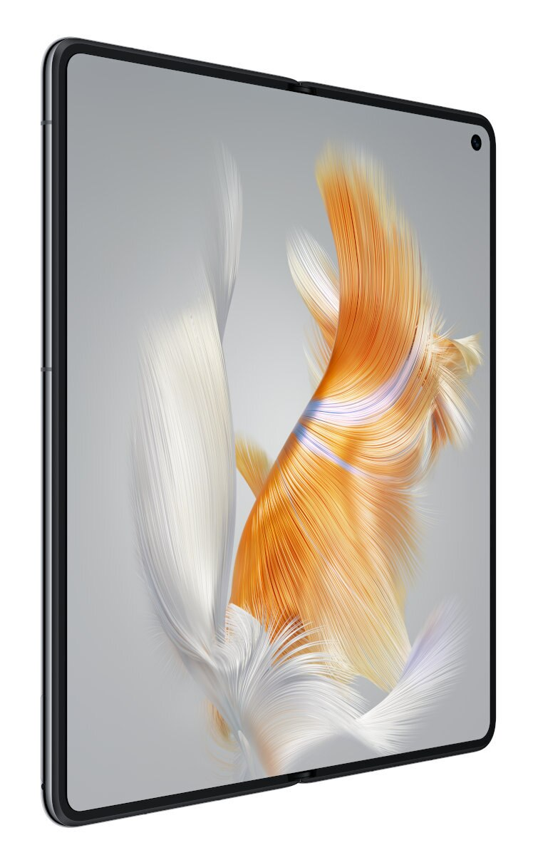 Tablet ze złotym, pomarańczowym i białym wzorem na jasnoszarym tle.