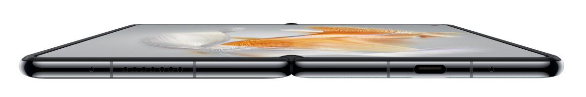 Składany smartfon, widok z boku. Ekran jest włączony, wyświetla grafikę.