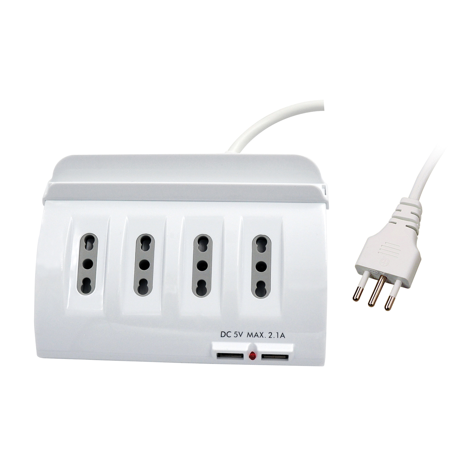 Presa multipla bianca con quattro prese e spina. Ha una luce rossa e porte USB.