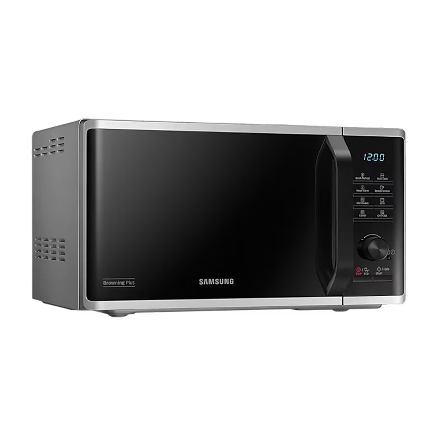 Un forno a microonde nero con la porta chiusa, con comandi a destra.