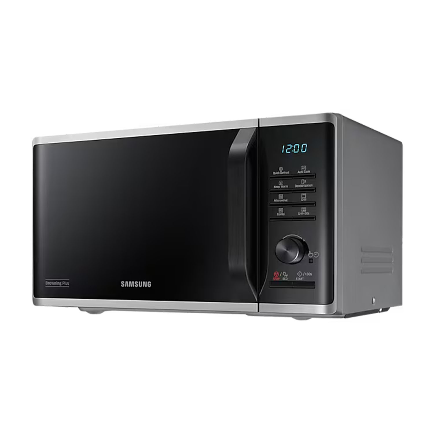 Un forno a microonde nero e argento con display digitale e pannello di controllo.