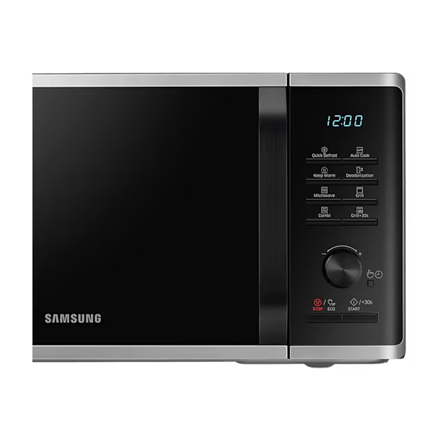 Un forno a microonde Samsung nero con finiture argentate e display digitale che mostra le 12:00.