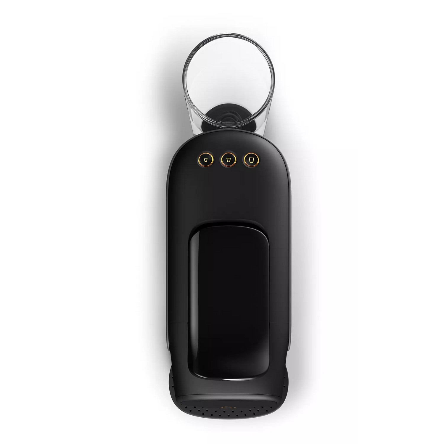 A black coffee machine with three buttons and a glass cup holder, white background.