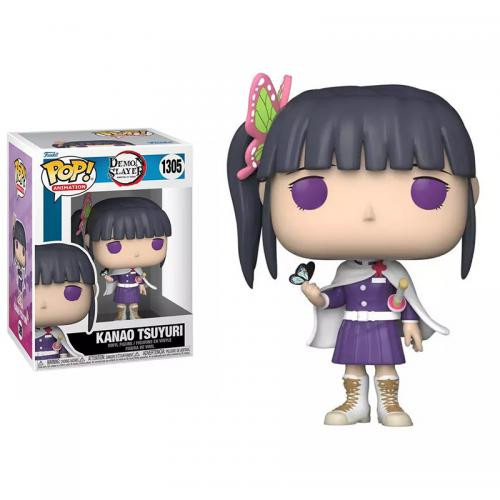 Una figura de Funko Pop de Kanao Tsuyuri y su caja. Kanao sostiene una mariposa, usa un uniforme morado.