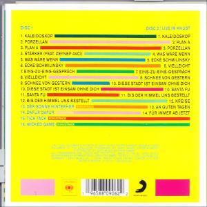 Ein gelbes Albumcover mit Songtiteln und Barcode. Das Cover hat ein rosa-grünes Design.