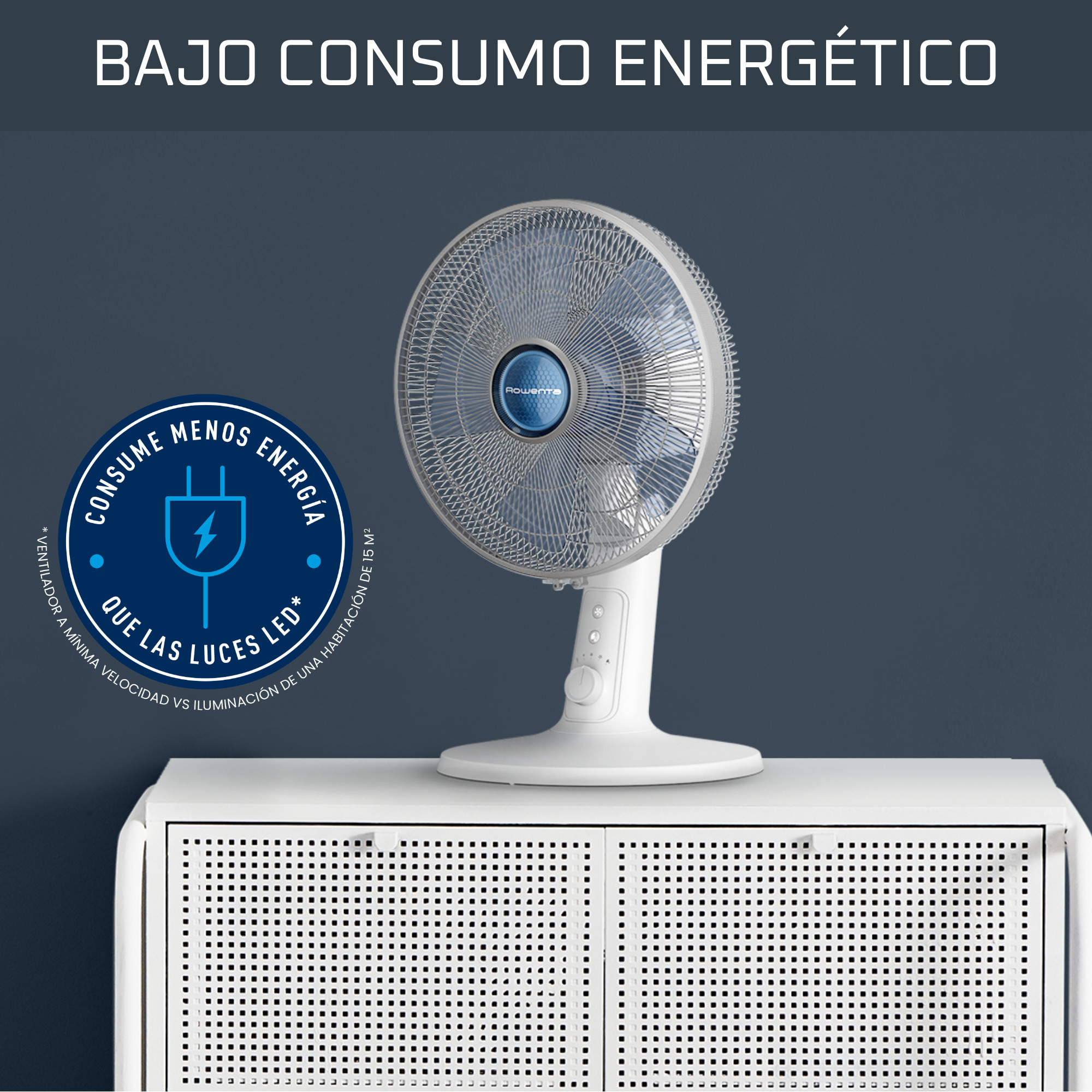 Ventilador blanco en superficie blanca con fondo azul, mostrando eficiencia energética y texto.