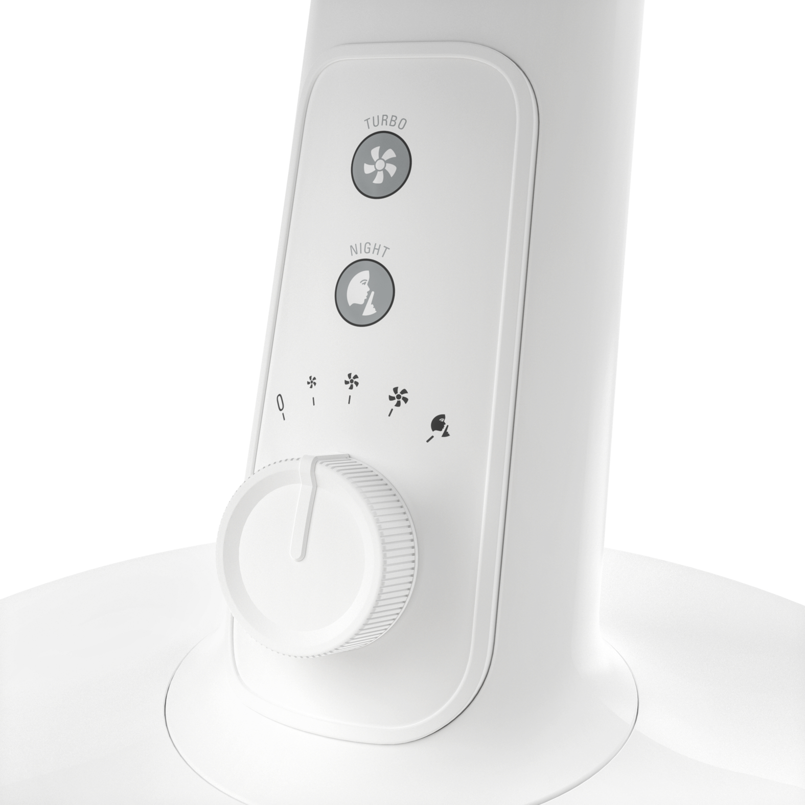 Panel de control de ventilador blanco. Tiene botones para los modos turbo y nocturno, con controles de velocidad.
