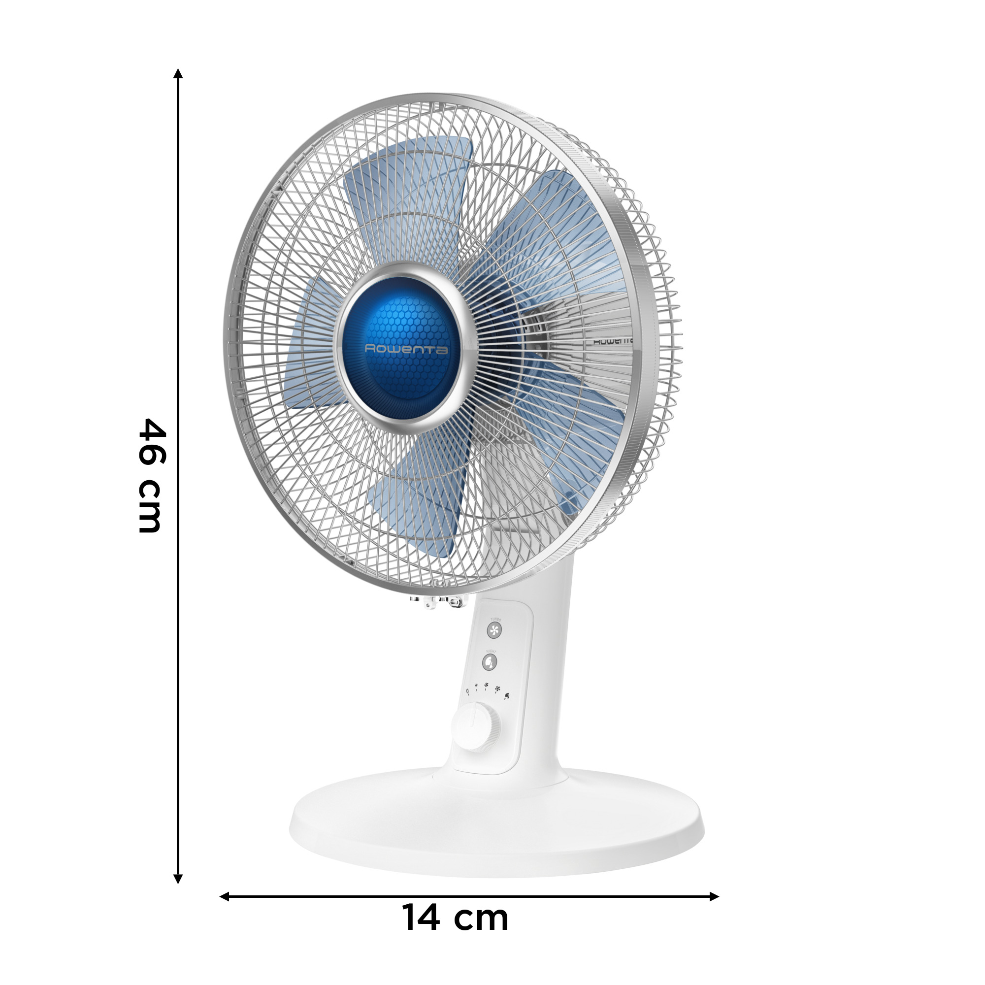 Ventilador blanco con aspas azules y una rejilla protectora plateada. El ventilador mide 46 cm de altura.