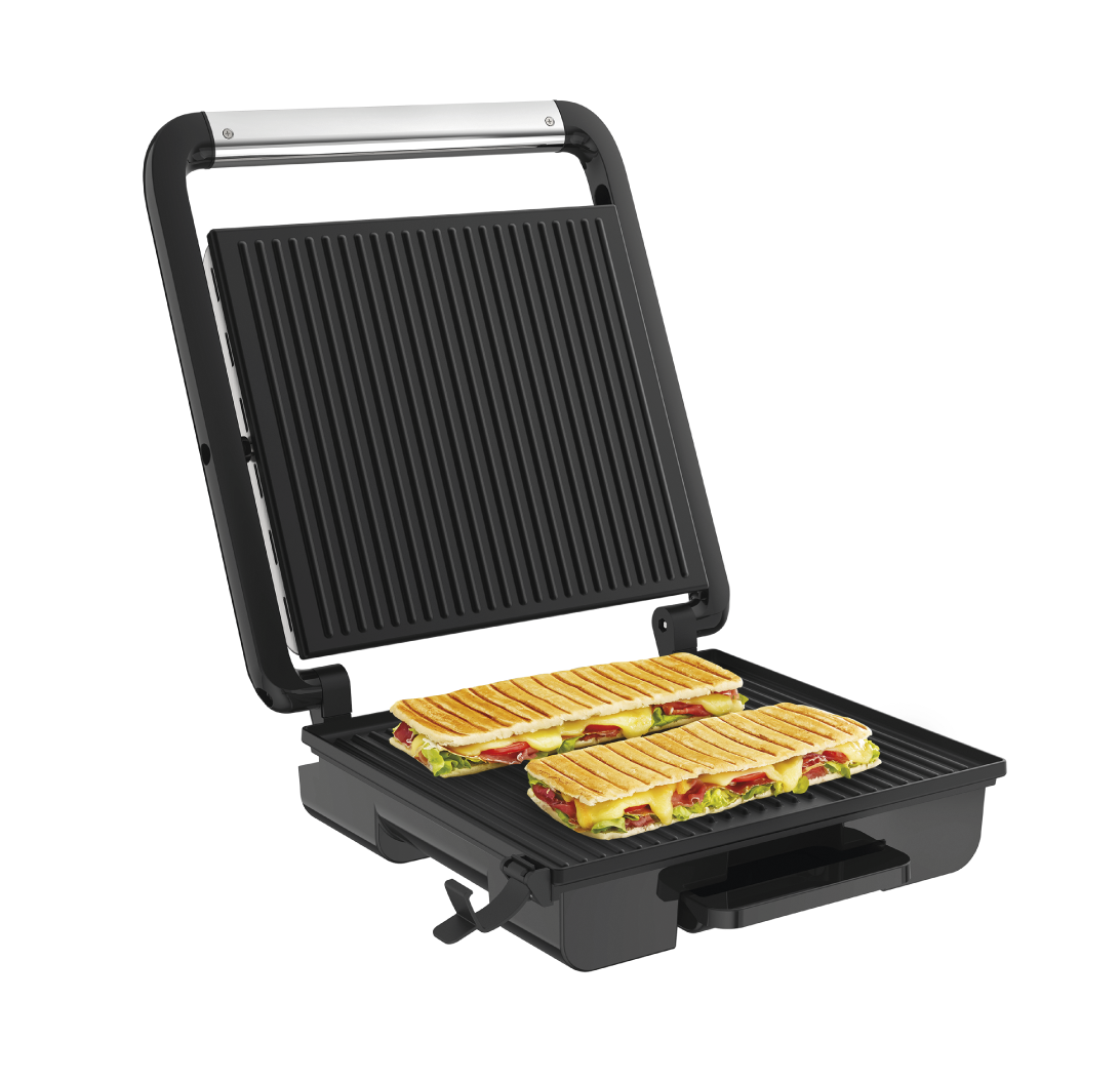 Grill - Tefal GC242D Inicio Grill Adjust, 2000 W, Termostato regulable, Bandeja de goteo extraíble, 3 posiciones, Paninis, Negro y plata