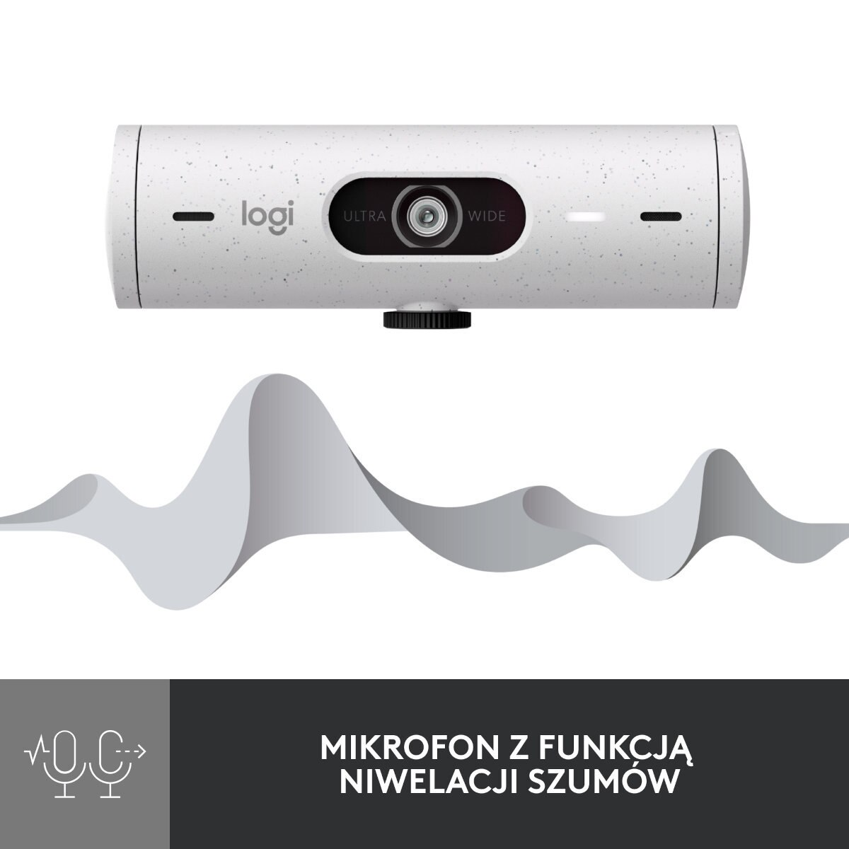 Kamera internetowa Logitech z mikrofonem i grafiką fal dźwiękowych.
