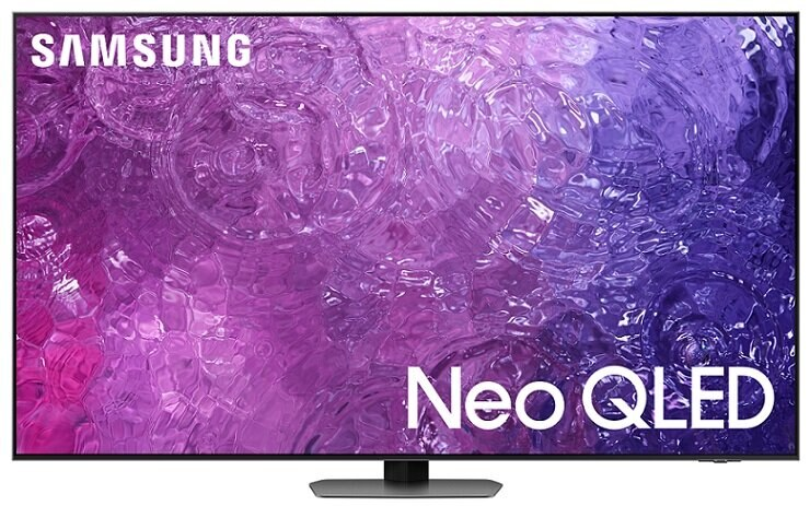 Telewizor Samsung Neo QLED z fioletowym i różowym tłem.