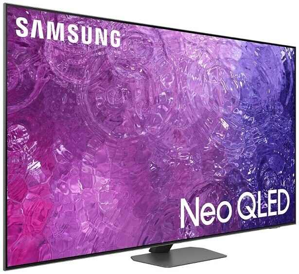 Duży telewizor Samsung Neo QLED z czarną podstawą. Ekran wyświetla fioletowy i różowy obraz.