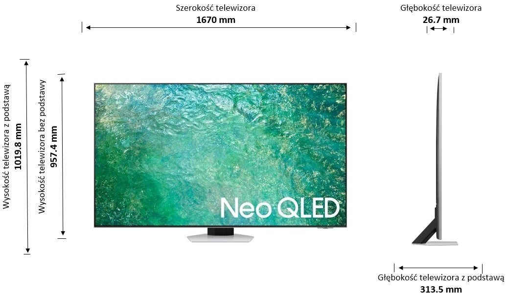 Telewizor z wymiarami, widok z boku i z przodu z czarną podstawą i etykietą Neo QLED.