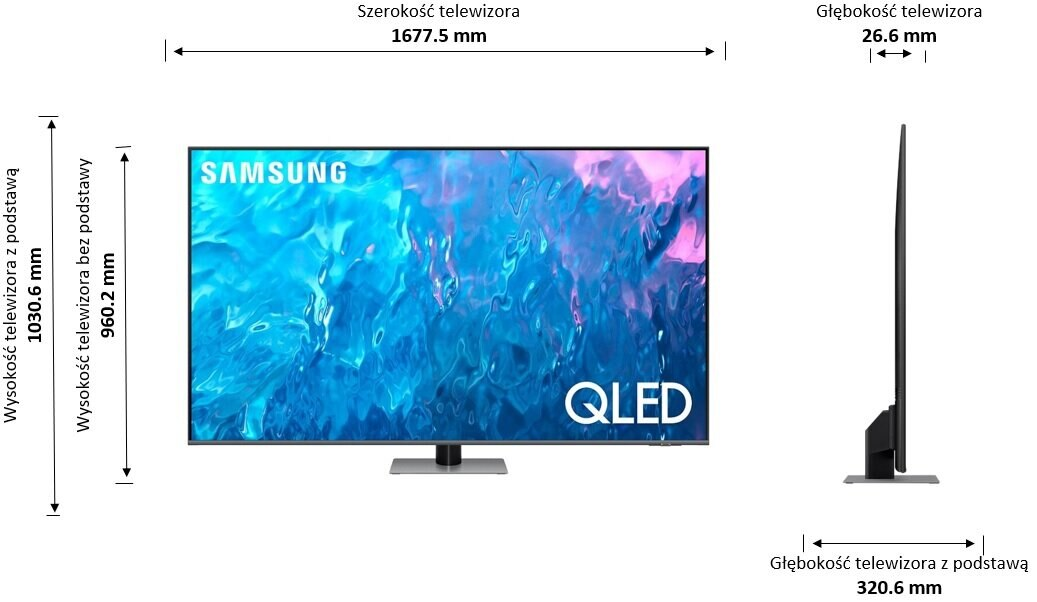 Czarny telewizor Samsung QLED z wymiarami. Wymiary w mm: wysokość, szerokość i głębokość.