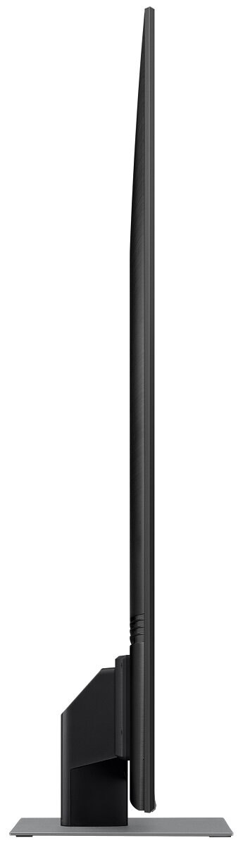 Widok z boku czarnego telewizora Samsung z podstawką, na białym tle.