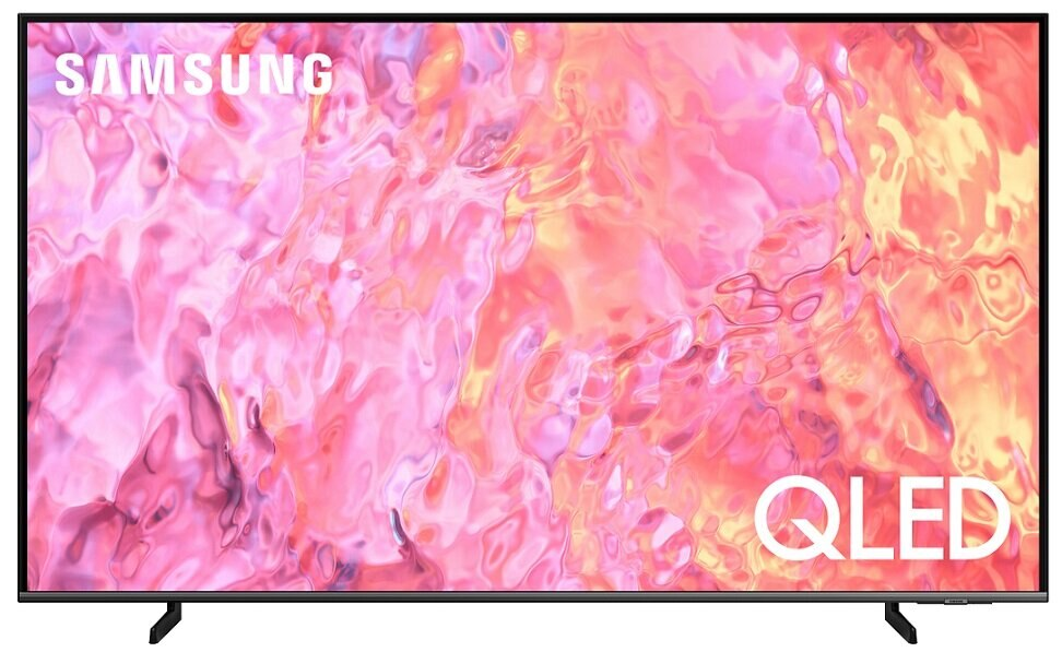 Telewizor Samsung QLED, wyświetlający różowo-biały abstrakcyjny wzór. Czarna ramka i podstawa.