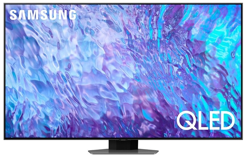 Telewizor Samsung QLED. Czarna ramka. Wyświetla niebieski i fioletowy abstrakcyjny obraz.
